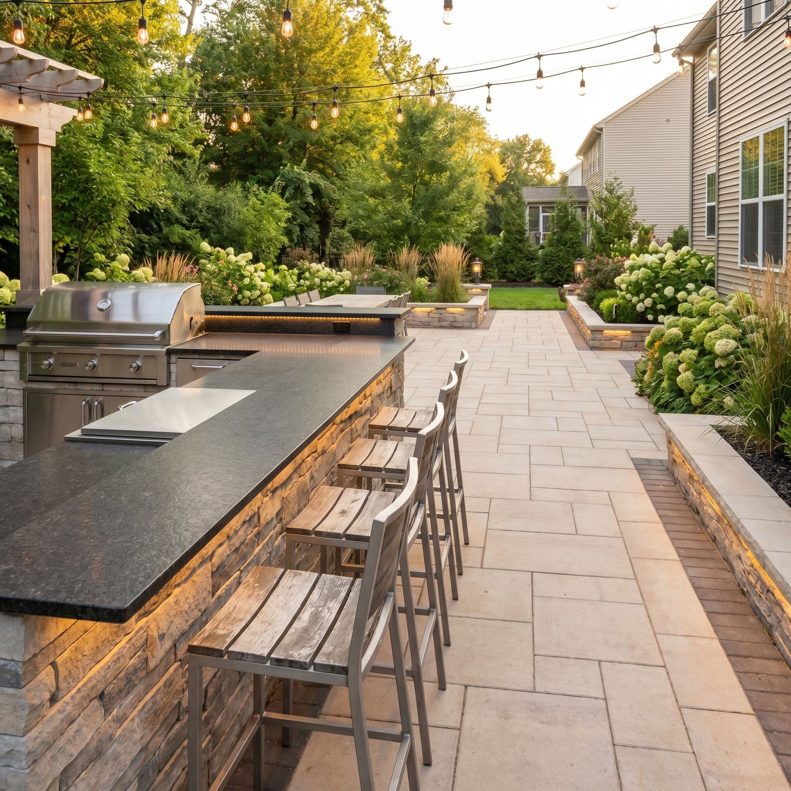 Outdoor kitchen with stone bar seating