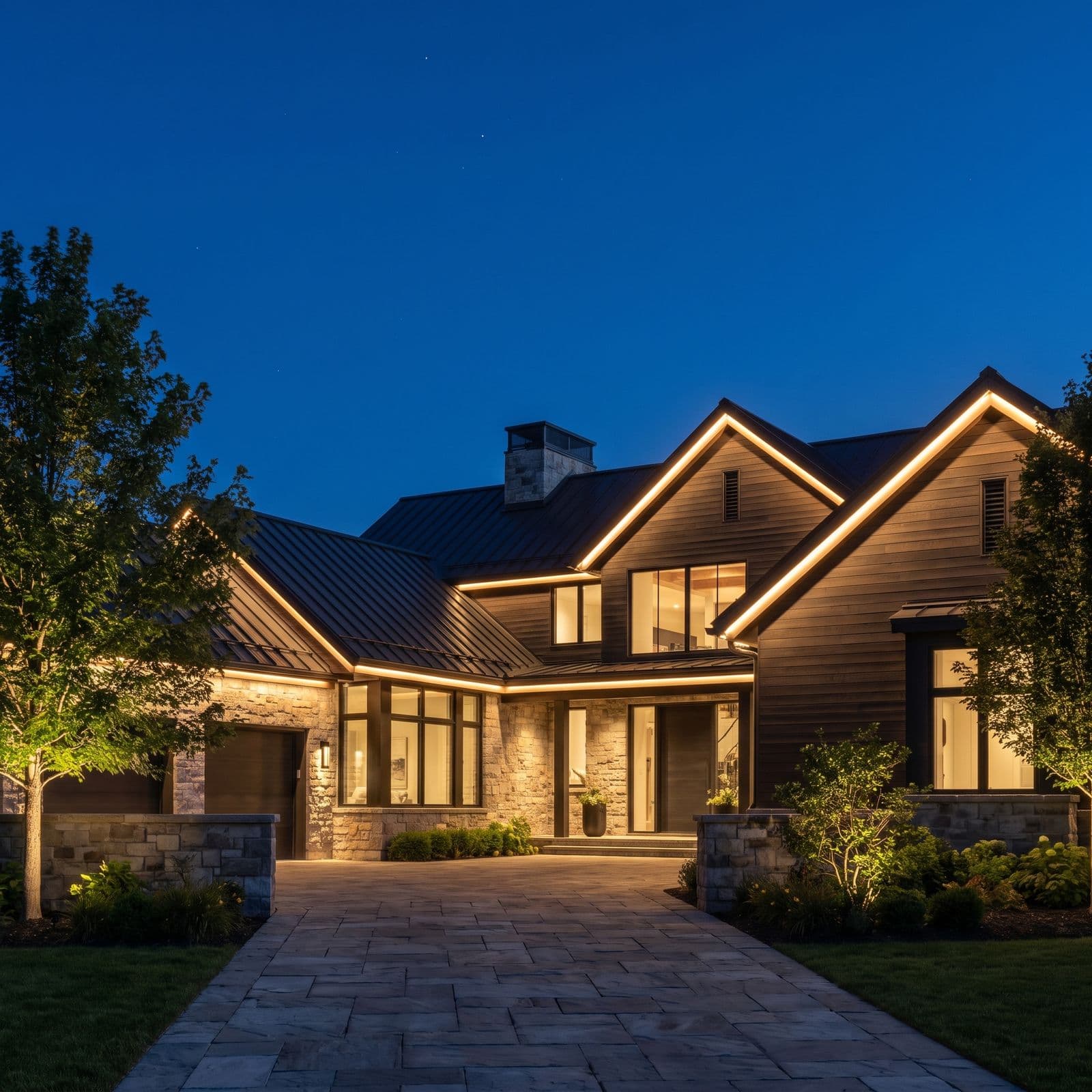 Home exterior at night with permanent roofline lighting